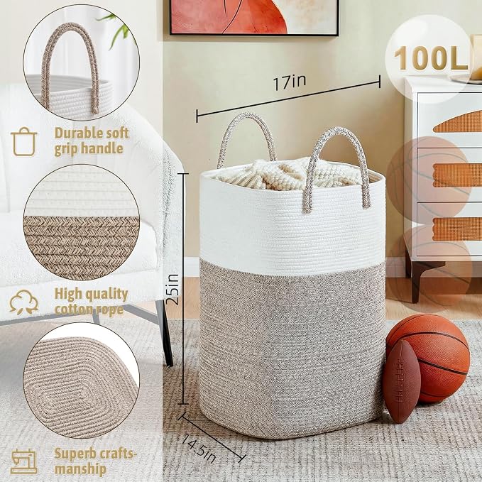 Laundry Basket,Woven Cotton Rope Laundry Hamper,Versatile Storage for Dirty Clothes,Baby Toys,and Blankets in Bathroom, Nursery,and Living Room (Brown, 100L)