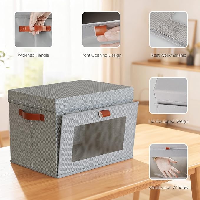 4-Pack Large Storage Bins with Lids,Stackable&Collapsible Closet Storage Bins,Oxford Fabric Organizer Box with Clear Window,Large Decorative Storage Boxes for Closet,Dorm16.5"x11.8"x11"