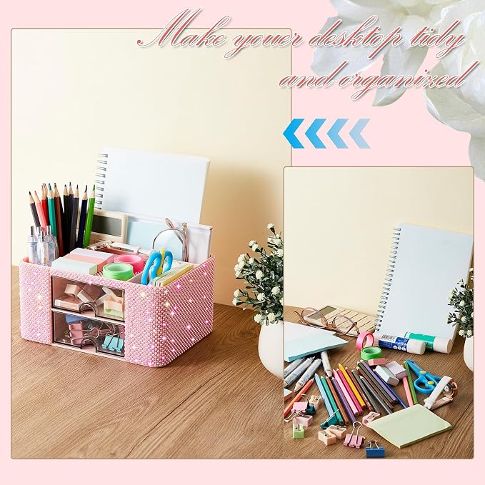 MotiMind Pink Bling Desk Organizer with 2 Drawer, Sparkly Makeup Organizer for Vanity, Girly Desk Accessories, Rhinestone Pen Holder, Elevate Your Workspace with Pink Serenity (Pearl)