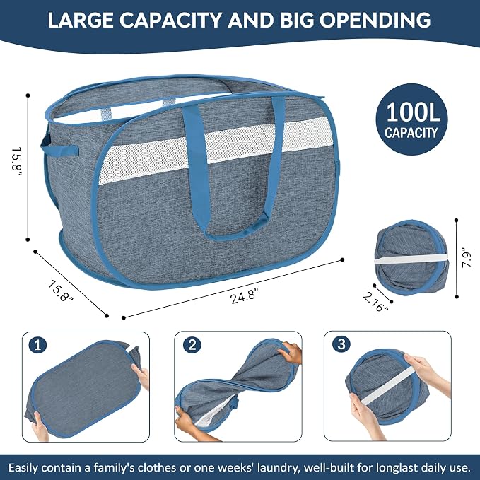 100L Collapsible Laundry Baskets, Foldable Dual Handles Laundry Hamper Blue | Lightweight, Easy to Carry, Up and Downstairs, Tear-Proof, Space-saving, for Laundry Room, Bedroom, Bathroom, Travel, Dorm