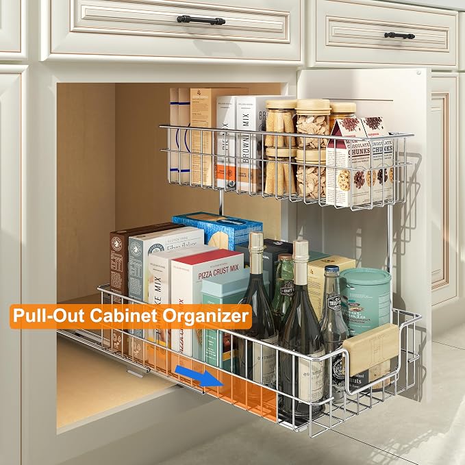 Pull Out Cabinet Organizer, Under Sink Slide Out Storage Shelf with 2 Tier Sliding Wire Drawer, Sliding Storage for Inside Kitchen Cabinet- 11.5 in. W x 21.5 in. D (Right)