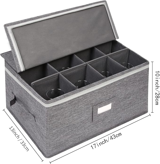 popoly Stemware Storage Containers (2 pack), Wine Glass Storage Box with Dividers for Glassware or Crystal, Holds 12 Red or White Wine Glasses, Hard Top and Stackable (Grey)