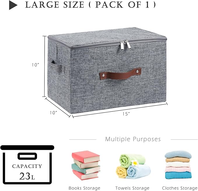 Storage Bins with Zipper Lid Cotton Linen Fabric Lidded Storage Baskets Boxes Foldable Washable Closet Shelf Clothes Organizer Container with PU Leather Handles (Gray, Large Size)