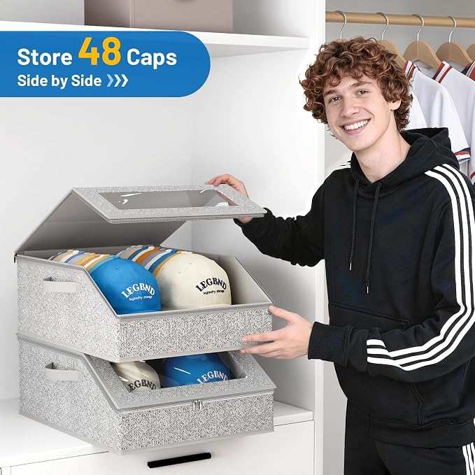 AOODA 2 PCS Sturdy Hat Storage for Baseball Caps, Holds up to 48 Caps Clear Hat Organizer for Closet, Bedroom, Wide Hat Box with Cardboard (Grey)