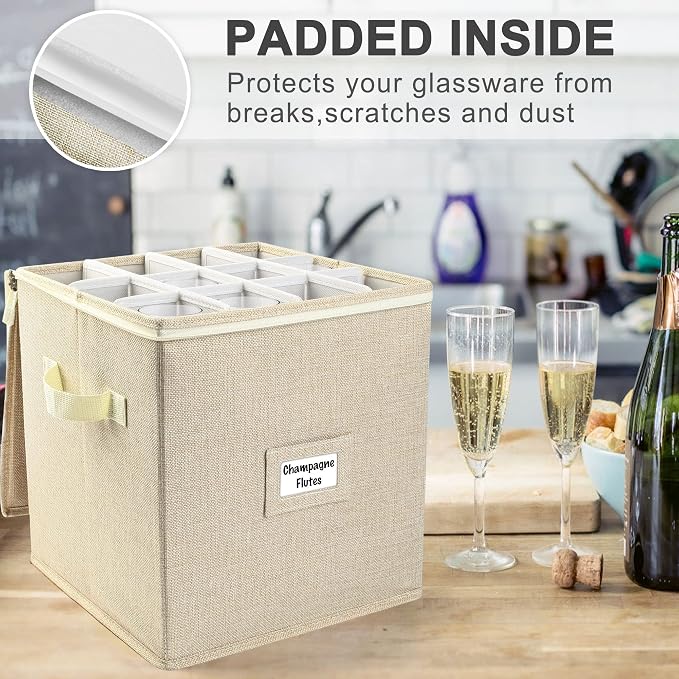 LotFancy Champagne Flute Storage Container for Moving, Hard Shell, Stackable 12" Tall Stemware Storage Box with Dividers & Handles, Wine Glass, Crystal Glassware, Drinkware Case, Beige