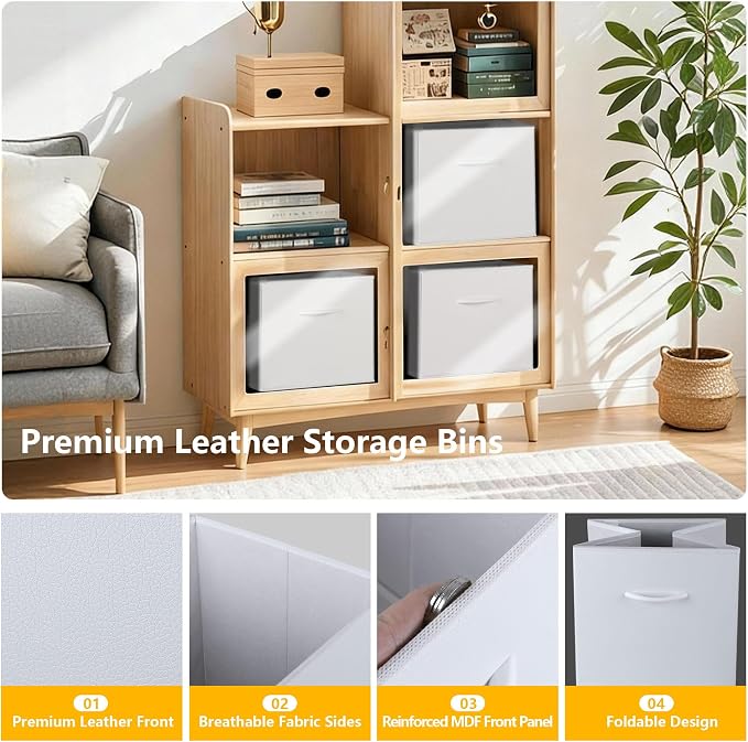 WUIKE 13-Inch White Cube Storage Bins, 4-Pack | Faux Leather Organizer Baskets, Decorative Organizer Baskets with Handles for Shelves, Closets, and Rooms