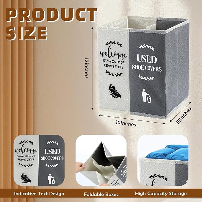 Shoe Cover Box Dispenser Foldable Storage Bin Holder with Used Shoe Covers and Welcome Please or Remove Sign for Open House Supplies(Beige, Gray)