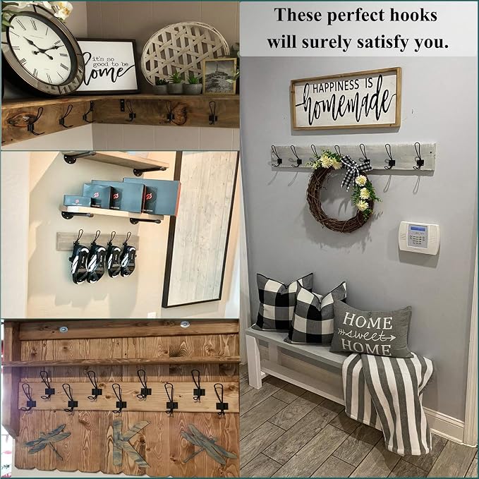 Hajoyful Rustic Entryway Hooks-6 Pack Farmhouse Hooks with Metal Screws Included, Black Decorative Wall Mounted Rustic Coat Hooks Rack, Double Vintage Organizer Hanging Wire Hook Clothes Hanger