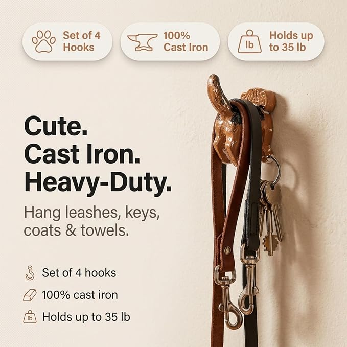 Lulu Decor, Cast Iron Beagle Dog Heavy Duty Key Loose Hook (4 Dog Tail Hooks)