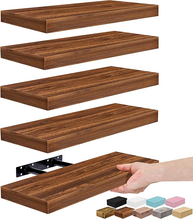 Sorbus Floating Shelves for Wall – 16 Inch Floating Shelf for Kitchen, Bedroom, Living Room, Bathroom, Home & Wall Decor - Mounted Bathroom Shelves with Invisible Brackets (Walnut, 5 Pack)