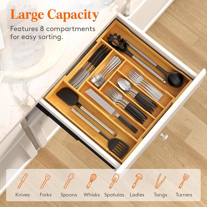 Lifewit Silverware Drawer Organizer, Expandable Utensil Tray for Kitchen, Flatware and Cutlery Holder, Wood Adjustable Storage for Spoons Forks Knives, 10.2-18.1 x 16.7, Natural