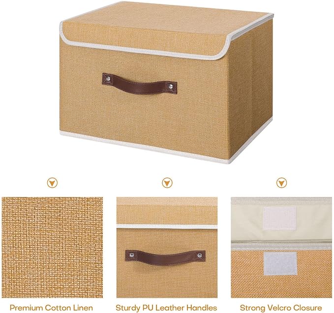 ANMINY Storage Bin with Lid Storage Boxes with PU Leather Handles PP Plastic Board Decorative Foldable Lidded Cotton Linen Fabric Home Cubes Baskets Closet Organizer Container - Khaki, Large Size
