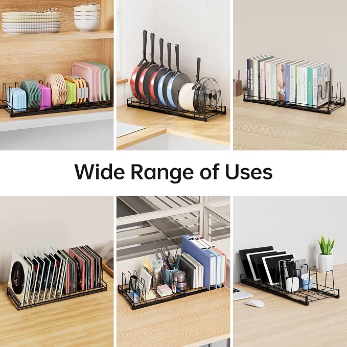 Expandable Food Container Lid Organizer, 9 Adjustable Dividers Sturdy Metal Pot and Pan Organizer Rack for Kitchen Cabinets, Drawers, Pantry Shelves, Countertops, Black, 8.15" Wide