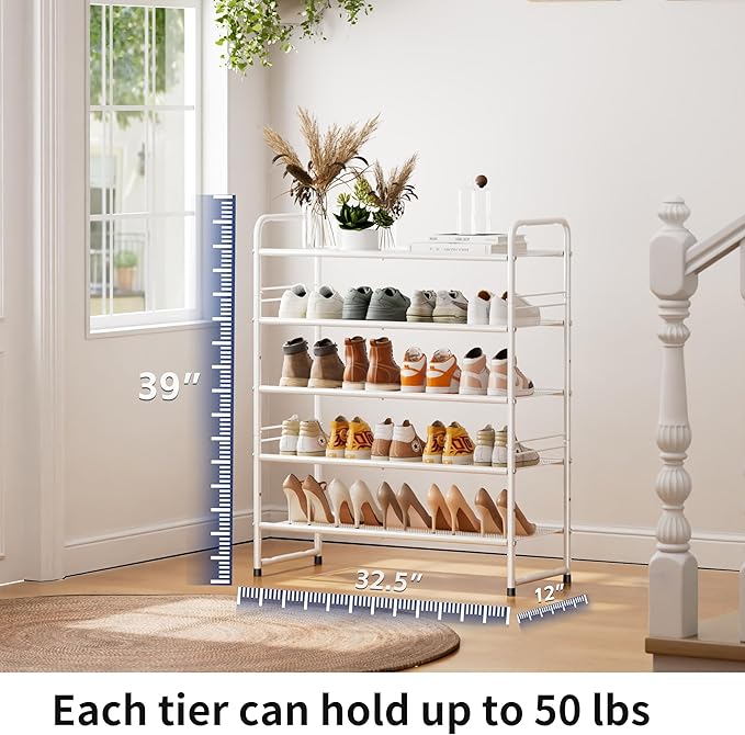 SUFAUY 5-Tier Mesh Shoe Rack, Closet Metal 33" Wide Shoe Shelf Heavy Duty, White