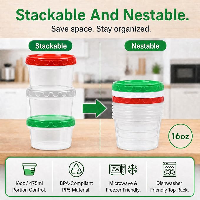 EONJOE 16oz Plastic Freezer Food Soup Containers with Lids, 2 Cup, 12pcs | Airtight & BPA-free for fresh food. Dishwasher/freezer safe, perfect for soup meal prep, portion control,snacks on-the-go