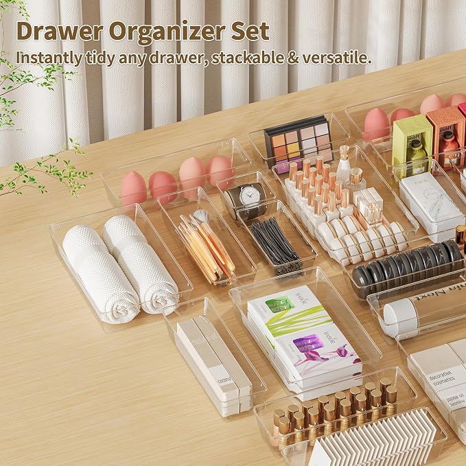 Yanosaku 25 PCS Clear Plastic Drawer Organizer Set, 4 Sizes Vanity Organizers, Desk Drawer Divider Organizers and Storage Bins for Makeup, Jewelry, Gadgets for Kitchen, Bathroom, Office
