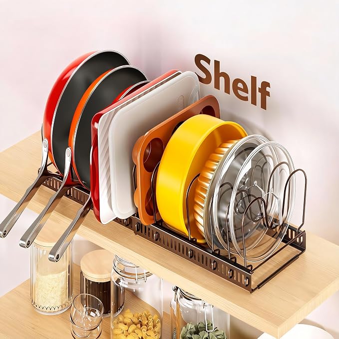 ORDORA Pots and Pans Organizer under Cabinet with Pan Holder: Expandable 11.8"-22.8" Kitchen Cabinet Organizer Rack, 12 Adjustable Dividers Storage for Cookie Sheets, Cutting Boards & Lid, Bronze