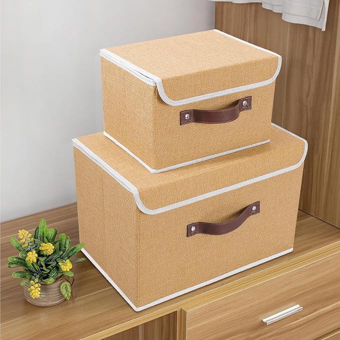 ANMINY Storage Bin with Lid Storage Boxes with PU Leather Handles PP Plastic Board Decorative Foldable Lidded Cotton Linen Fabric Home Cubes Baskets Closet Organizer Container - Khaki, Medium