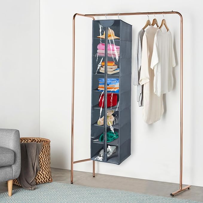 8 Tier Clear PVC Hanging Organizer With Zipper, Sweater Storage Shelves With Cover, Shoe Organizer for Closet, Grey