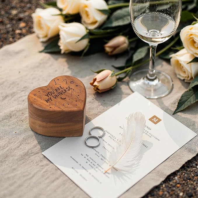 Engagement Proposal Ring Box Secret Slim Engraved Wooden Heart Case | Engrave"You are my universe", Walnut Wood Ring Bearer Box Jewelry Storage Holder Display for Wedding Ceremony Commemoration