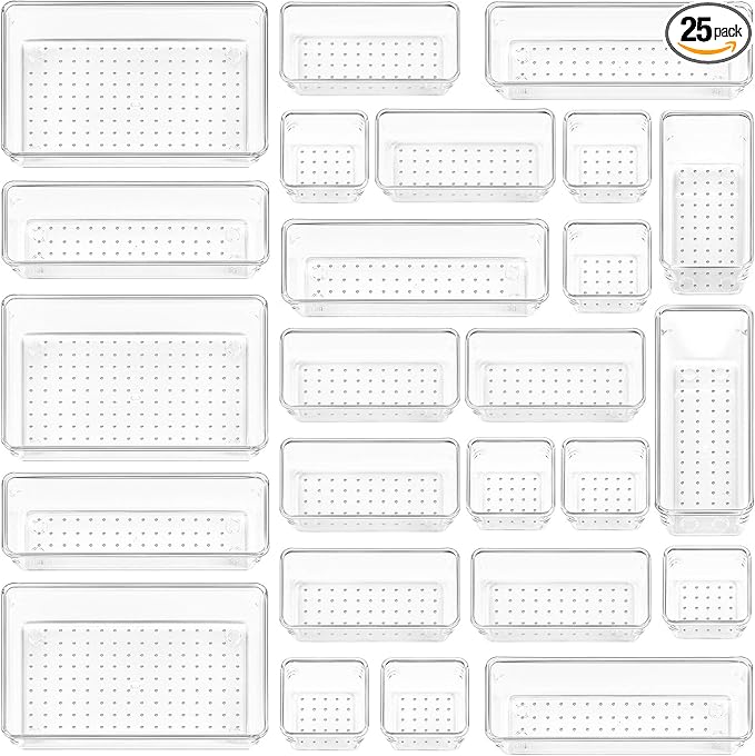 Vtopmart 25 PCS Clear Plastic Drawer Organizers Set, 4-Size Versatile Bathroom and Vanity Drawer Organizer Trays, Storage Bins for Makeup, Bedroom, Kitchen Gadgets Utensils and Office