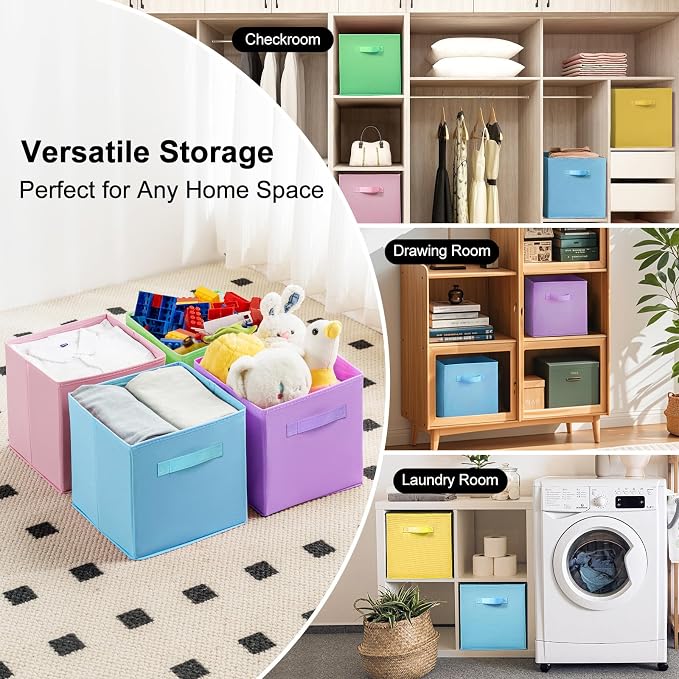 Fabric Storage Bins - 6 Pack Collapsible Cube Organizer for Closet, Shelves & Living Space, Pastel & Dark Color Options - Foldable Storage Boxes with Handles for Clothes (Pastel Colors, 11 inch)