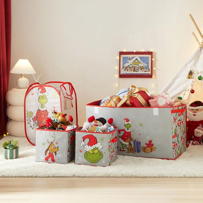 Idea Nuova Storage Cubes for Kids,2 Pack Collapsible Fabric Bins with Handles, Holiday Organizer Boxes for Bedroom, Playroom & Nursery, Festive Christmas Storage Baskets,Grinch Dr. Seuss