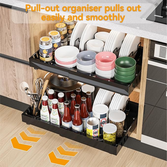 2 Pack Expandable Pull Out Cabinet Organizer Adhesive, 21" Deep Slide Out Drawers for Kitchen Cabinets,With 8pcs Divider Racks For Kitchen Pantry Organization Adjustable Width 12.6"-20.9"
