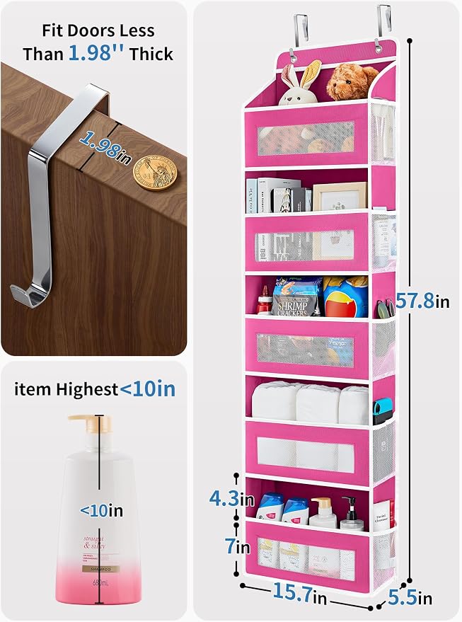 JARLINK 2 Pack Over The Door Organizer Storage, 5 Shelf Hanging Door Organizer with 5 Large Capacity Pockets, Anti Tilt 44 lb Load Behind Door Storage for Bedroom, Bathroom, Pantry, Nursery, (Pink)
