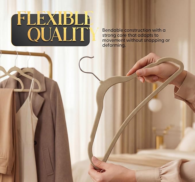 Beddora Velvet Hangers 50-Pack,Beige Non-Slip Slim Space-Saving Closet Organizer, Suit & Coat Hangers, Heavy-Duty, 360° Swivel Hook