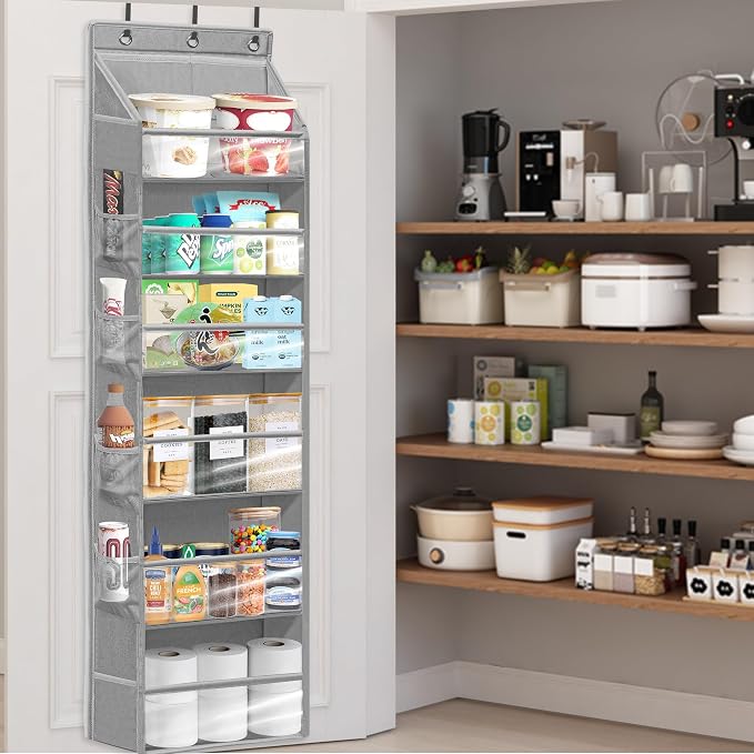 Over Door Organizer with 6 Extra Large Pockets 12 Side Pockets, Sturdy Closet Storage Rack, Hanging Storage Organizer with Clear Window for Shoes, Diapers, Bedroom, Bathroom, Grey
