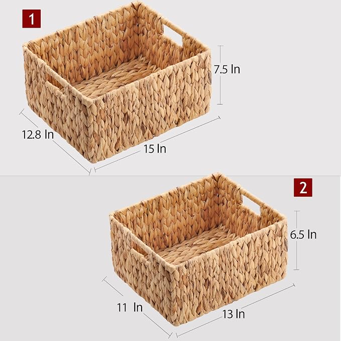 HOONEX Water Hyacinth Storage Baskets, Wicker Baskets for Organizing, Hand Woven Baskets with Carry Handles, Set of 2, Natural
