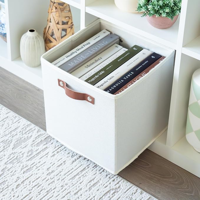 OrganiHaus 11x11 Cube Storage Bins, Set of 4 - Fabric Storage Cubes | Sturdy, holds its shape; odor-free; fits ClosetMaid 11-inch shelves; vegan leather handles