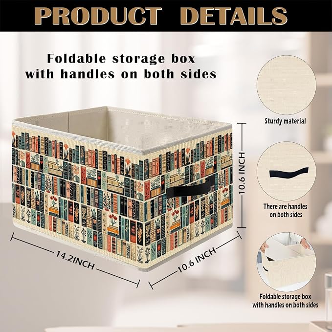 Vintage Book Lovers Storage Bin Box with Handles, Retro Bookish Foldable Organizer Basket Toybox for Reading Corner Room Library Bedroom Bathroom Home Clothes Toys Books