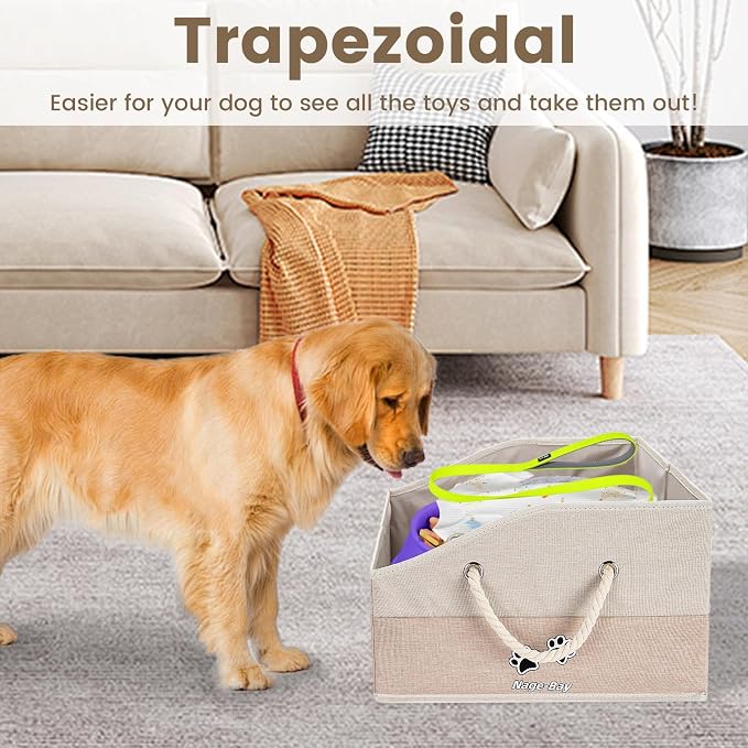 Large Dog Toy Basket with Handle, Foldable Dog Toy Box for Living Room Area , 20" Basket for Dog's Supplies, Organizer and Storage with Hard Board, Anti-Slip for Pet Toys (Beige, Medium 20"×15")