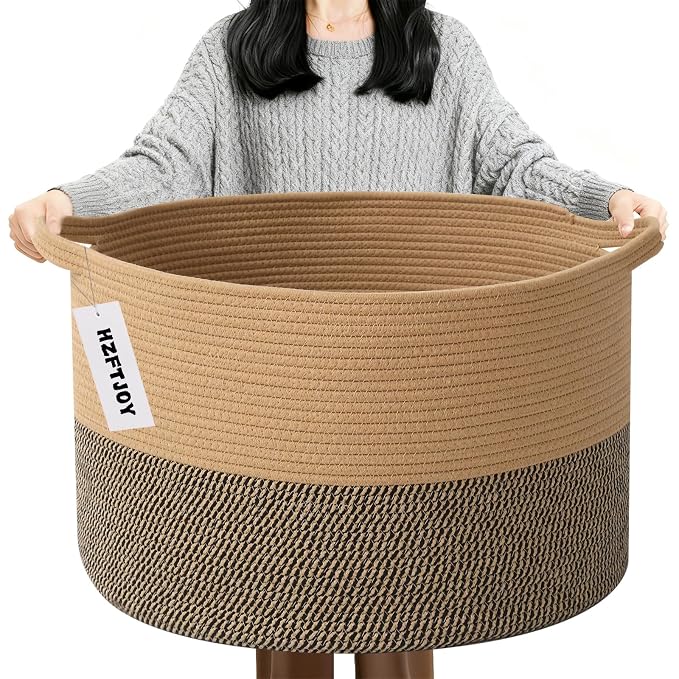 90L Extra Large Blanket Basket,Woven Rope Laundry Basket Hamper with Handles, Decorative Nursery Basket Storage Bin for Toys, Clothes Organizer, Living Room, Bedroom, Bathroom, Jute&Black