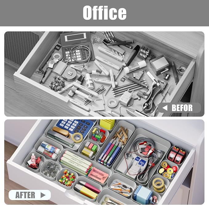 Drawer Organizers Bins 18 PCS for Bathroom Makeup Desk Office | with Non-slip Pads, 4 Sizes, Plastic Tray, Vanity Organizer, Kitchen Utensils Organizer
