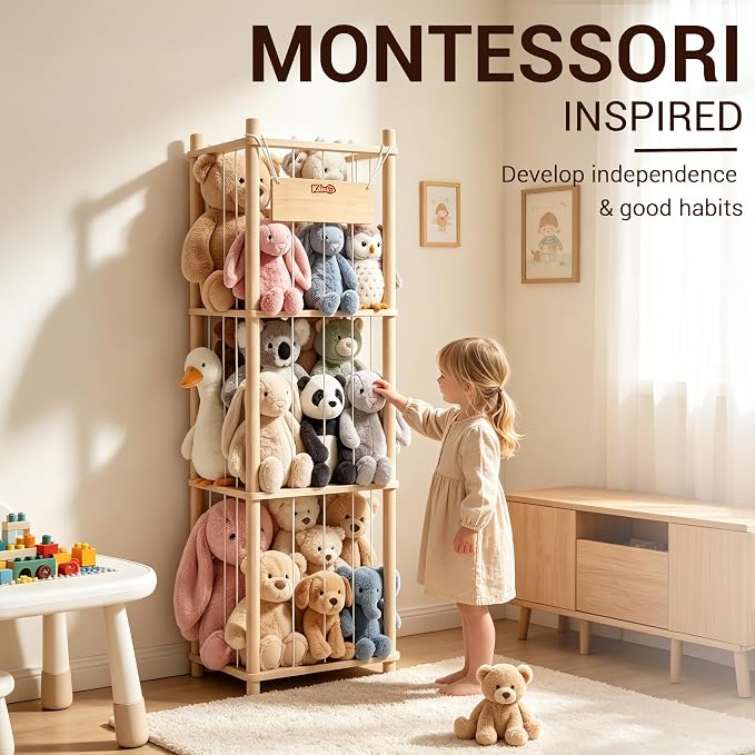 KiddoCood Kids CPC & TIC Certified Stuffed Animal Storage - 3-Tier Large Natural Solid Wood Plush Toy Organizer & Holder, Corner Solution for Playroom & Nursery, BPA-Free & Zero Glue, 52.3" H