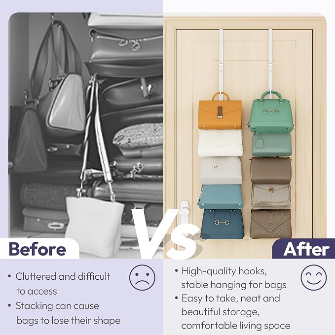 SWTYMIKI Over the Door Purse Organizer - 2 Packs Wall Mounted Purse Rack with 5 Hooks Design, Hanging Handbag Organizer Storage Holds up to 10 Bags, Bag Rack for Closet, Door (White)