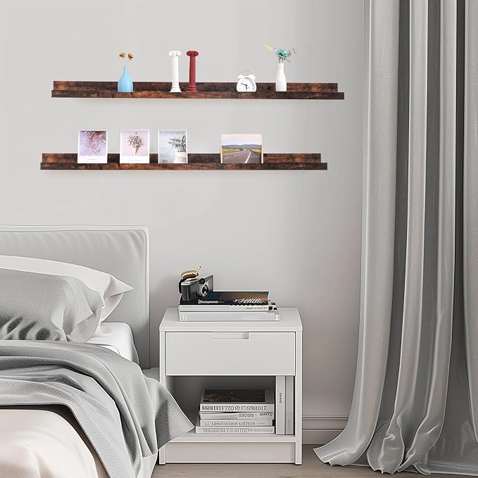 Muzilife 55" Large Floating Shelves Wood Wall Shelf with Lip, 2Pcs, Brown | FSC-Certified Wood | 20 lbs Capacity | Space-Saving | Hanging Shelf | Wall Decor| Bedroom,Living Room,Bathroom,Kitchen,Office