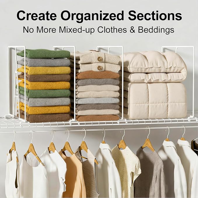 SortNStore Wire Shelf Dividers for Closet: 16-inch Tall 12-inch Deep 6 Pack Wire Rack Accessories - Adjustable Purse Organizer for Sweaters Clothes Towels- Metal Linen Closet Pantry Separators