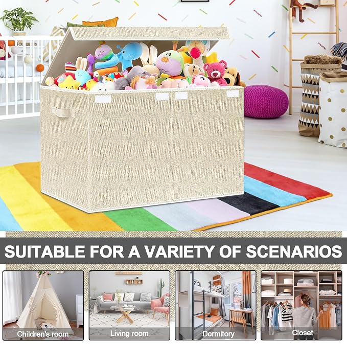 Large Toy Box Chest Storage with Lid - Collapsible Kids Toys Boxes Organizer Bins Baskets with Handles for Boys, Girls, Nursery, Playroom, Clothes, Blanket, Bedroom(Beige)