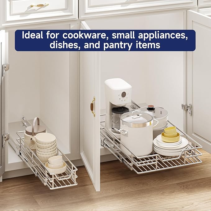Pull Out Cabinet Organizer, 11.5" W x 21.5" D, Heavy Duty Chrome Slide Out Shelf for Narrow Base Cabinets, Sliding Wire Basket Drawer for Spices, Bottles, Snacks & Cleaning Supplies