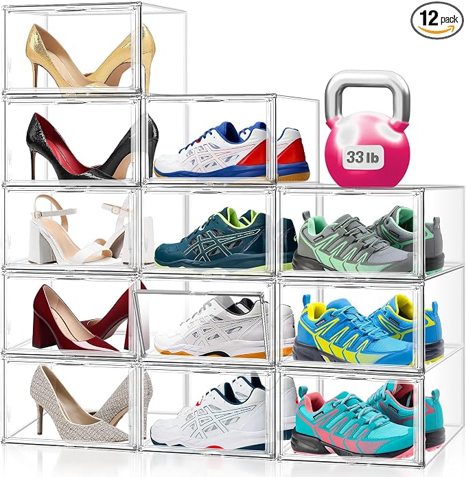 12 Pack Acrylic Shoe Storage Boxes Clear Sneaker Shoe Display Case Fit US Size 12, Stackable Hat Sneaker Shoe Organizer for Closet, Entryway, Underbed, Space Saving Shoe Boxes for Men Women