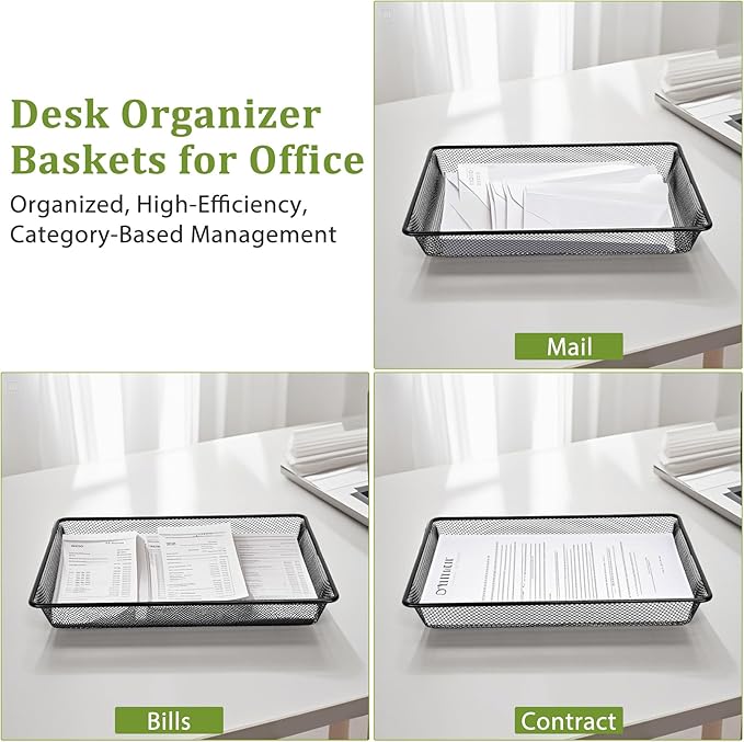 Office Metal Mesh Basket for Desk, Single Paper Tray Organizer, Turn in Trays Classroom, Flat Mail Letter Storage Basket for Office Home Drawers School (5, Black)