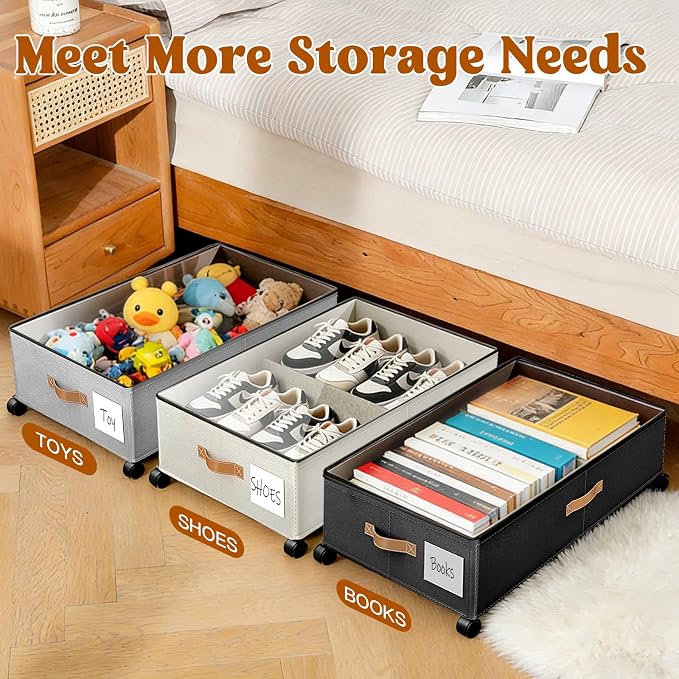 Under Bed Storage with Wheels, Rolling Under Bed Storage Containers with Clear Lid and Handles for Clothes, Shoes, Blankets, Pillows, Toys, Books, Bags (60L, 30.9 x 16.9 x 6.7in, Grey, 2 Pack)