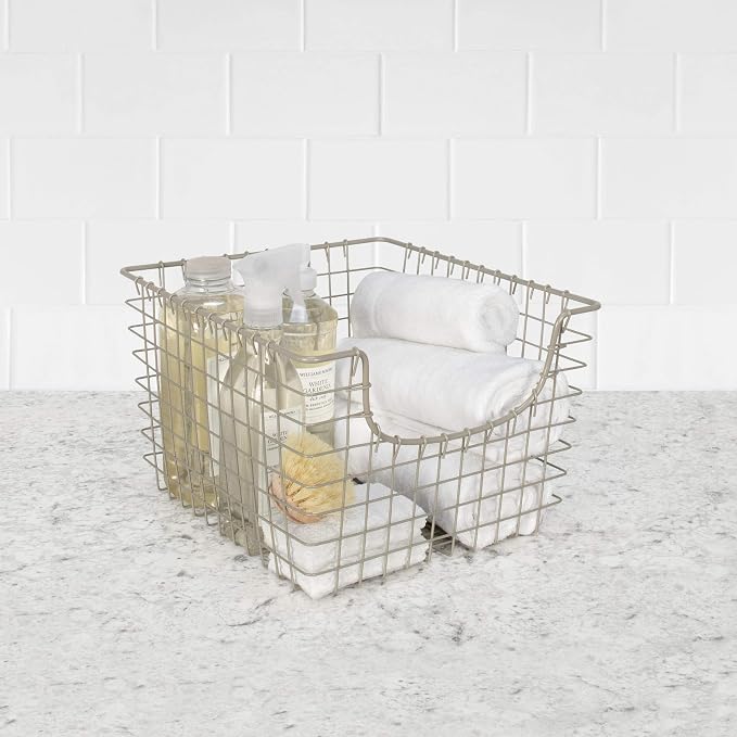 Spectrum Wire Scoop Basket Storage Bin Satin Nickel Nesting Metal Baskets Pack of 2 for Kitchen Pantry Closet Bathroom Garage Organization, Heavy Duty Wire Basket Organizer for Storage Decor