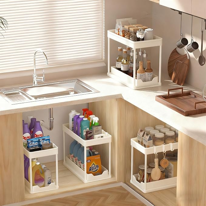 Under Sink Organizers and Storage 2 Pack, Pull-Out Sliding Cabinet Organizer with 2-Tier Storage Shelf & 4 Hooks, Multi-Purpose for Kitchen & Bathroom (13 Inch, White)