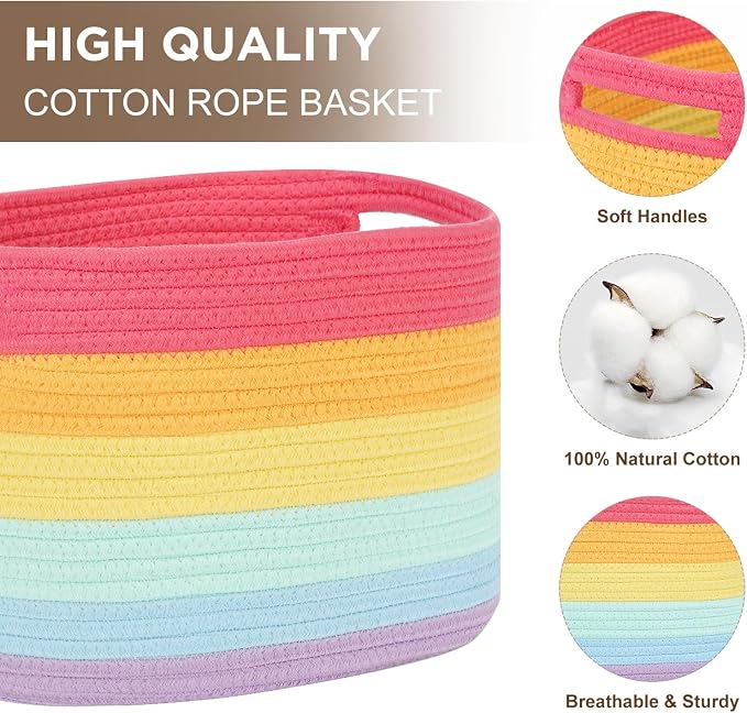 Temary Woven Baskets for Storage 3 Pack Storage Baskets for Organizing, Rectangle Decorative Rope Baskets for Storage Clothes, Towels, Storage Bins with Handles (Rainbow, 13"x9.8"x8.5")