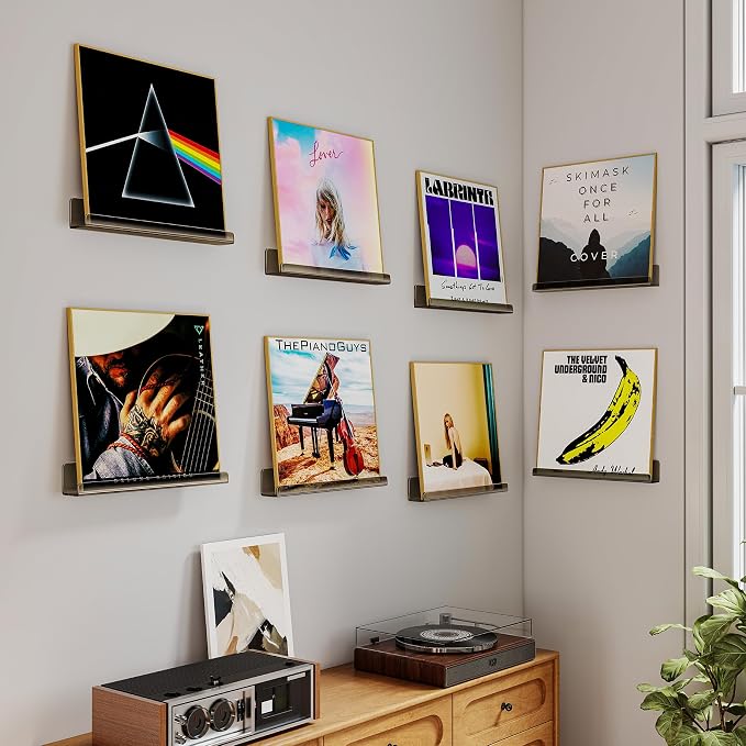 Vinyl Record Wall Mount Shelves, 12 inch Vinyl Holder, 8 Pack, Black | Acrylic Floating Shelves for Album Record Storage Display, Wall Decor, Magazine Rack, Kids Bookshelf, Picture Ledge